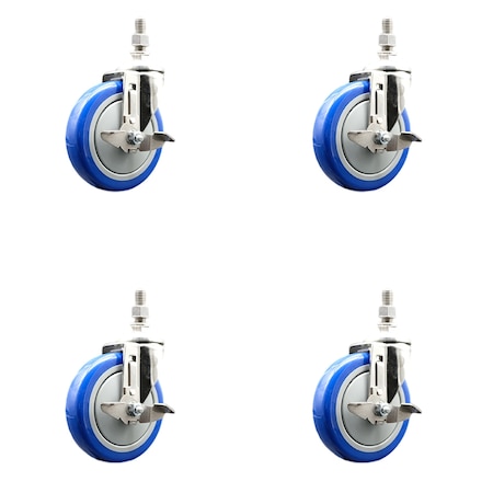 Service Caster 5 Inch 316SS Blue Polyurethane Swivel 12mm Threaded Stem Caster Set Brake SS316TS20S514-PPUB-BLUE-TLB-M1215-4